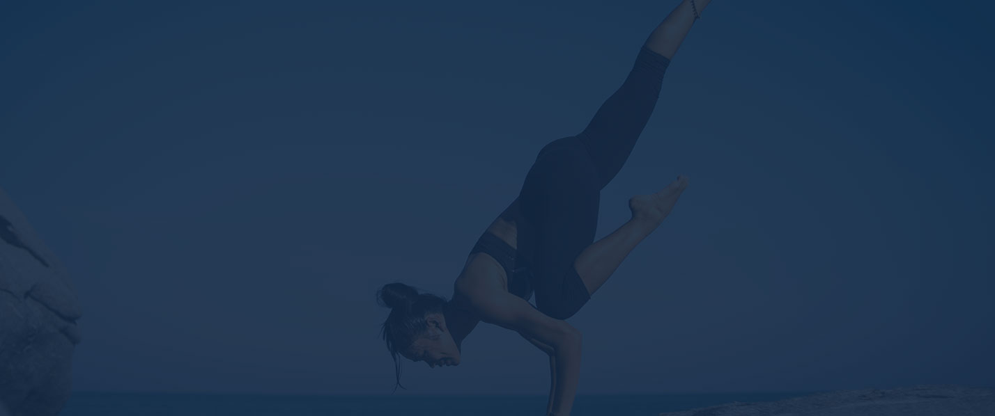 Banner image, woman doing yoga, one leg crow pose